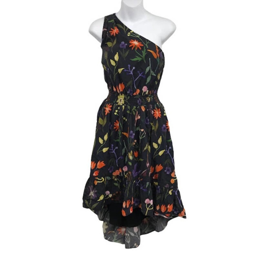 Slate & Willow One Shoulder Dress 4 Floral Sleeveless High Low Ruffle Hem Black